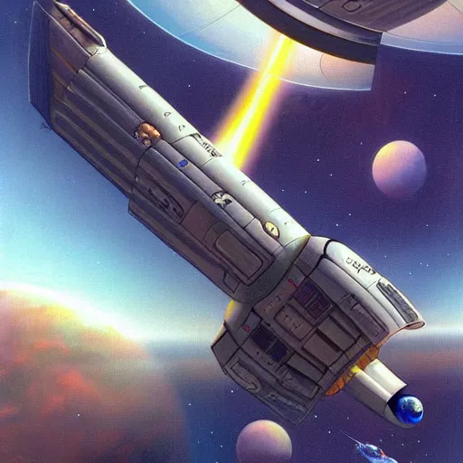 Image similar to a beautiful picture of a spaceship docking to a space station by Boris Vallejo trending on Artstation