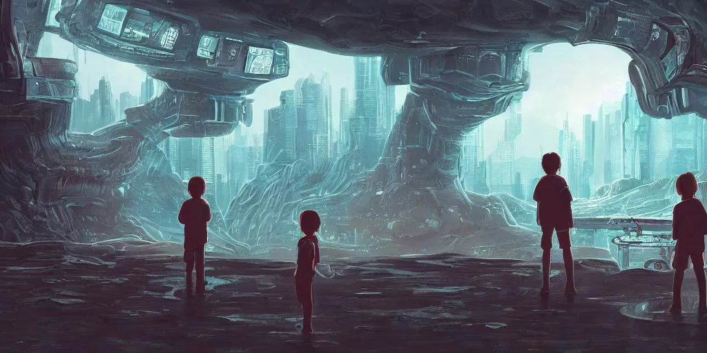 Image similar to highly detailed cell - shaded cartoon landscape with two boys looking at a miniature alien creature 1 9 7 0 s science fiction, cyberpunk, moody, misty, depth perception, 4 k, artstation, in the style of studio ghibli