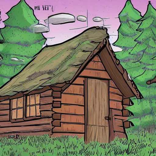 Image similar to a illustration of a Eerie cabin in the middle of the woods in the style of Stan lee comic book