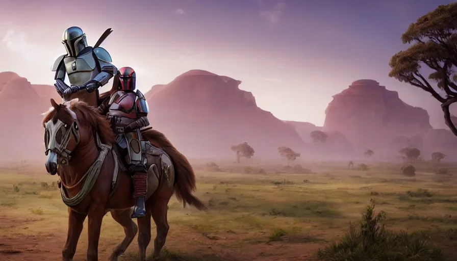 Image similar to mandalorian riding a horse alone, madagascar with baobabs trees in the background, action scene, an epic fantasy, artgerm and greg rutkowski and alphonse mucha, an epic fantasy, volumetric light, detailed, establishing shot, cinematic, photorealistic, hyper detailed, ultra realistic, trending on art station, octane render, midsommar