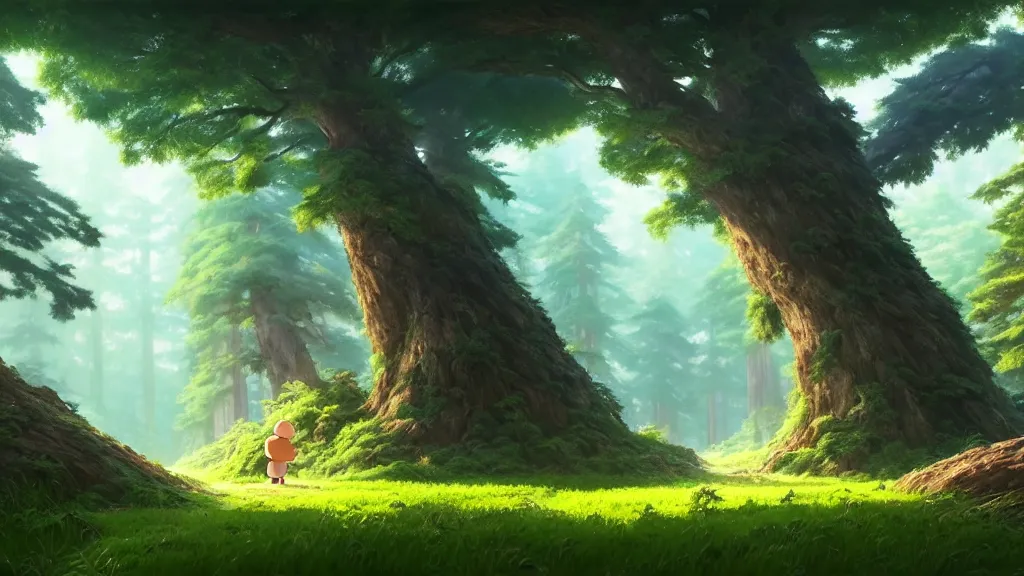 Image similar to forest clearing landscape, studio ghibli, pixar and disney animation, sharp, rendered in unreal engine 5, highly detailed, digital painting, artstation, concept art, smooth, sharp focus, illustration, wide angle, artbook, wallpaper, splash art, promo art, dramatic lighting, art by artgerm and greg rutkowski and bo chen and jin xiaodi