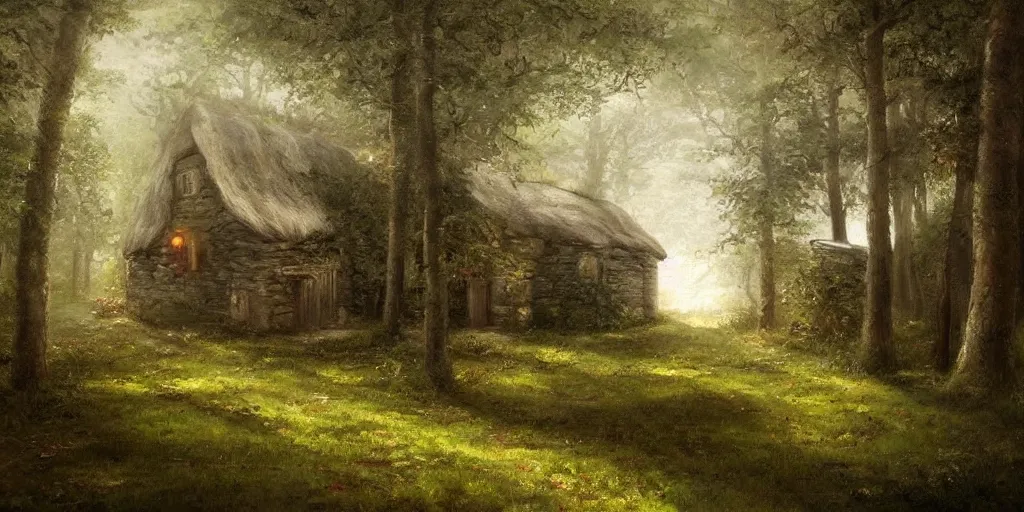 Image similar to a painting of a cottage in the woods and empty woods, 8k, fantasy, hyper realistic, atmospheric, cinematic