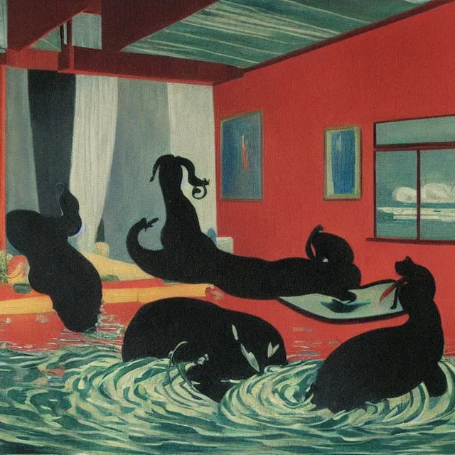 Prompt: emo catgirl artist in her flooded lounge room, painting of flood waters inside an artist's loungeroom, a river flooding indoors, pomegranates, pigs, ikebana, zen, water, octopus, river, rapids, waterfall, black swans, canoe, berries, acrylic on canvas, surrealist, by magritte and monet