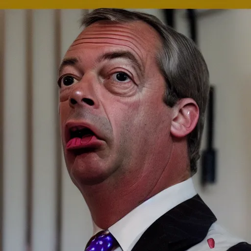 Image similar to A photo of Nigel Farage as a ventroquial fdummy, hinged jaw, wires, lacquered, glossy, cracked varnish, f 1.8, ISO 400