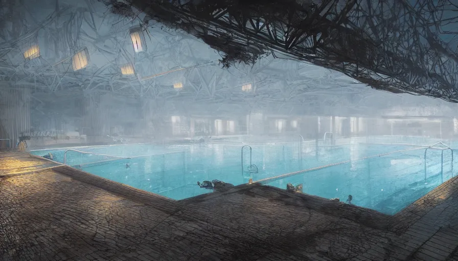 Prompt: Intricate detailed illustration, Chernobyl resort pool, cinematic lighting, by Sparth and Greg Rutkowski, wide angle, volumetric light scattering, 8k, artstation, concept art,