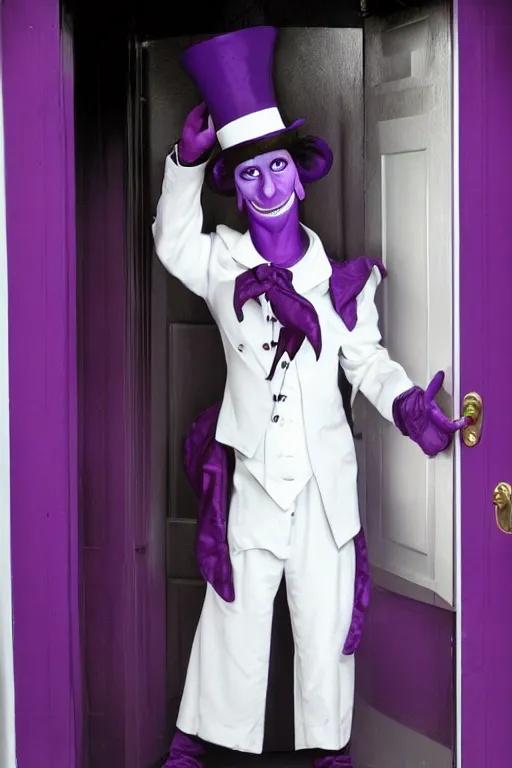 Image similar to a purple skinned tiefling with a goatee wearing a white suit and tophat standing in a doorway, purple skin, goatee, by Mark Brooks