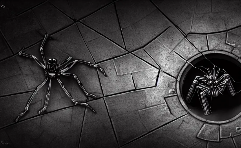 Image similar to mechanical spider in a sewer, ultra detailed digital art, fine drawing, hyper real, 4 k, moody lighting