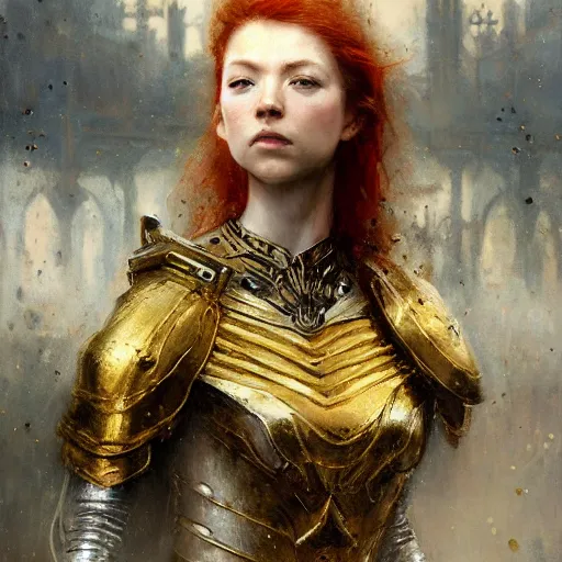 Prompt: young redheaded woman, wearing black and gold ornamental medieval armour, detailed, by gaston bussiere, bayard wu, greg rutkowski, giger, maxim verehin, greg rutkowski, masterpiece, sharp focus, illustration, highly detailed, digital painting, concept art, matte, natalie dormer