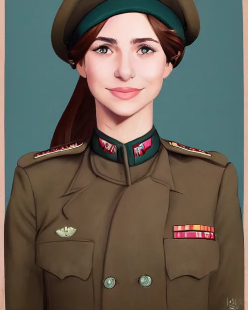 Image similar to portrait of young woman with light brown hair and hazel eyes dressed in a sharp dark teal military uniform with beret, smiling, ilya kuvshinov, anime