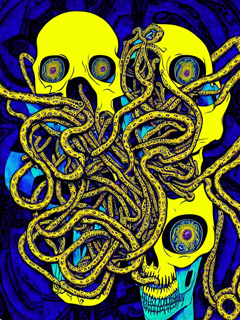 Image similar to a self portrait by the artist kelbv, in distinct hyper detailed style with tubes coming from eyes, and hollowed skull filled with blue and yellow paisley ellipsoids, perfect studio lighting against a backdrop of a still from the movie squid asthma.