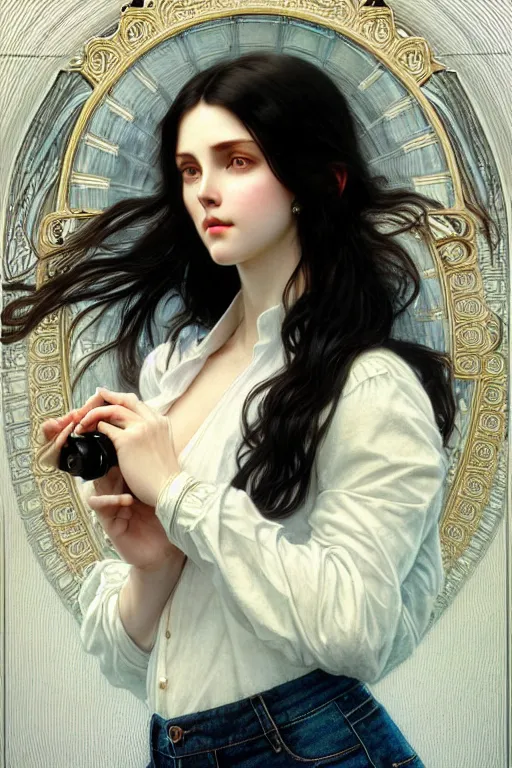 Image similar to ultra realistic, Beautiful black haired woman, Porcelain white complexion, big blue eyes, cute small lips., wearing jeans and white blouse, whip in hand, intricate details, eerie, highly detailed, octane render, 8k, art by artgerm and alphonse mucha and greg rutkowski