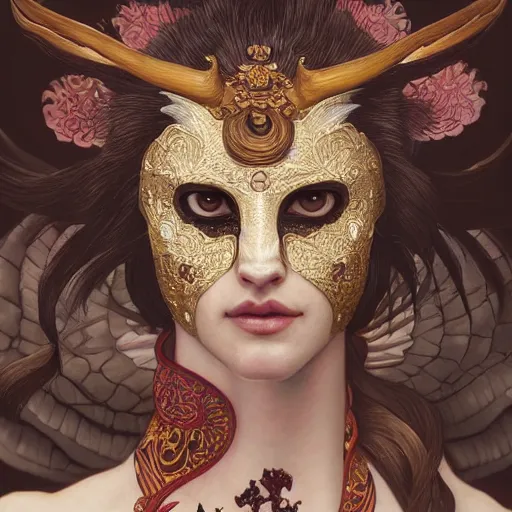 Prompt: a photorealistic dramatic fantasy render of a beautiful woman alexandra daddario wearing a beautiful intricately detailed japanese monkey kitsune mask and clasical japanese kimono by wlop, artgerm, greg rutkowski, alphonse mucha, epic, beautiful dynamic dramatic dark moody lighting, shadows, cinematic atmosphere, artstation, concept design art, octane render, 8 k