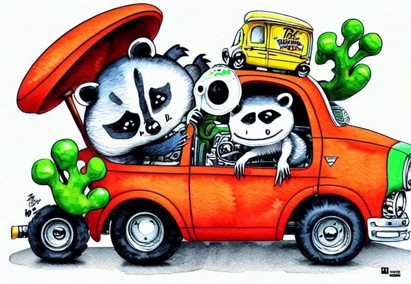 Prompt: cute and funny, racoon riding in a tiny hot rod truck with ( very ) oversized engine, ratfink style by ed roth, centered award winning watercolor pen illustration, isometric illustration by chihiro iwasaki, edited by range murata