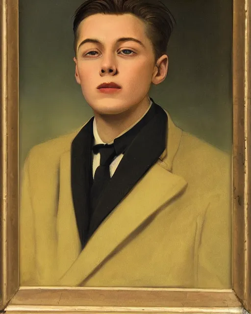 Image similar to portrait of young man wearing black medical mask, suit and tie, style of james c. christensen