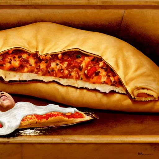 Prompt: al capone as a calzone being turned into a calzone as a calzone but still with the face of al capone being baked in an oven as a calzone, realistic, hyperrealistic, ultra realistic, real, real world, highly detailed, very detailed, extremely detailed, intricate details, 8 k resolution, hd quality