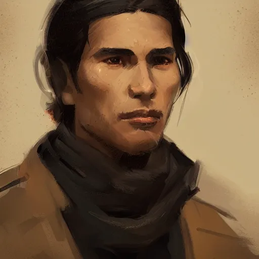 Image similar to portrait of a peruvian man by greg rutkowski, he is about 3 0 years old, short black hair with bangs, very tall and slender, he is wearing a beige and black utility jumpsuit, highly detailed portrait, digital painting, artstation, concept art, smooth, sharp focus ilustration, artstation hq