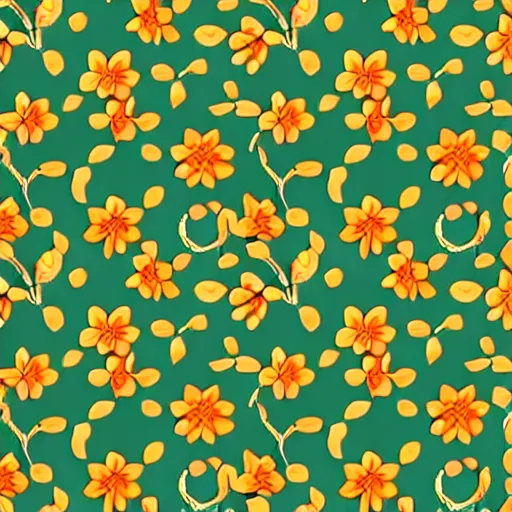 Image similar to repeating fabric pattern, minimalistic, miniature tiny orange and peach color flowers, green and brown vines and leaves, in the style of Bonnie Christine