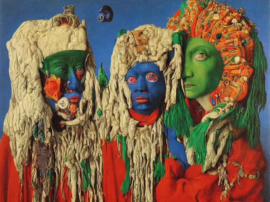 Image similar to Portrait of albino mystic with blue eyes, in psychedelic trance, with totemic archaic mask made from Malachite. Painting by Jan van Eyck, Audubon, Rene Magritte, Agnes Pelton, Max Ernst, Walton Ford