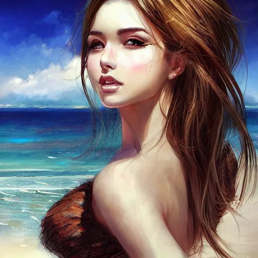 Image similar to portrait of beautiful woman on the beach by wlop, rossdraws, artgerm.