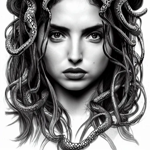 Image similar to ana de armas portrait as medusa from greek mythology, living venomous snakes in place of hair, ink drawing,, hyperdetailed, 8 k realistic, trending on artstation, by alphonso dunn and rob plater and miles yoshida