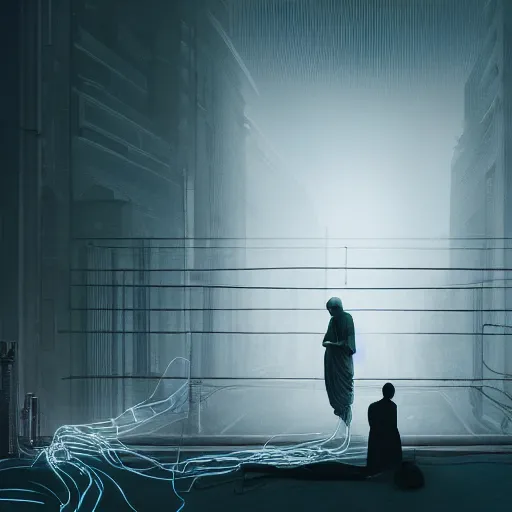 Image similar to A single monk kneeling with wires connecting him to a computer, Nirvana, Machines and wires everywhere, flashing neon lights, creepy, dark shadowy surroundings, dystopian scifi, horror, Stefan Koidl inspired, 4k