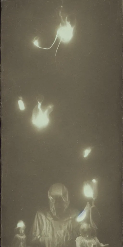 Prompt: spirit photography with glowing bulbous ectoplasm, scary reed people, sleep paralysis demon, 1 9 0 0 s, slimer, mourning family, invoke fear and dread, old photograph, daguerreotype, face of elon musk in the center