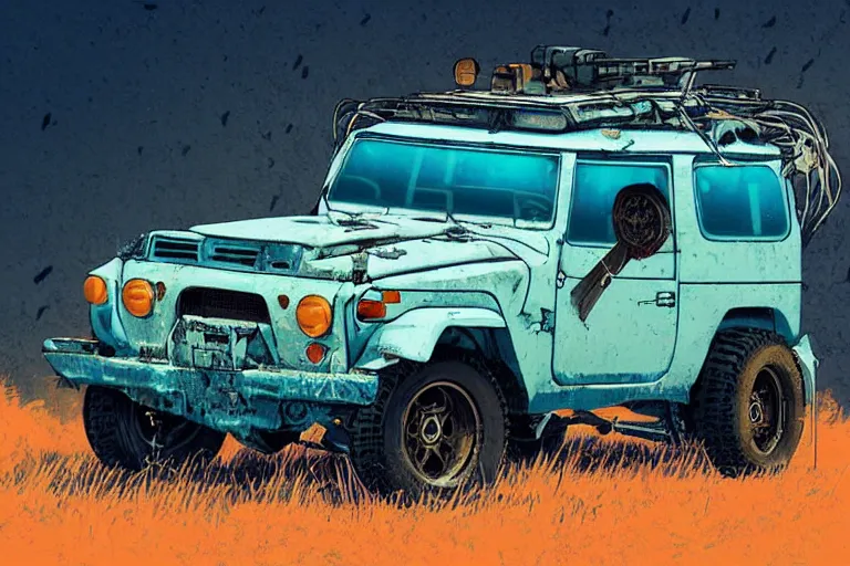 Image similar to digital illustration of a futuristic faded cyan mad max's fj 4 0 decrepit!!!! pursuit special, rusty!!! cyberpunk nissan fj cruiser heavily modded 1 9 9 0 s, the last v 8 interceptor by makoto shinkai, ilya kuvshinov, lois van baarle, rossdraws, basquiat