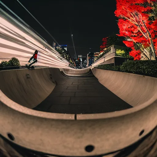 Image similar to fisheye lens photo of a skateboarder in Tokyo, night time, 8k, cinematic