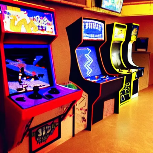 Image similar to beautiful fuzzy photograph of an empty liminal videogame arcade