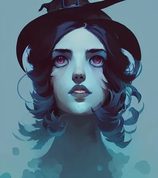 Image similar to portrait of beautiful witch, ravens, feathers, by atey ghailan, by greg rutkowski, by greg tocchini, by james gilleard, by joe fenton, by kaethe butcher, dynamic lighting, gradient light blue, brown, blonde cream and white color scheme, grunge aesthetic