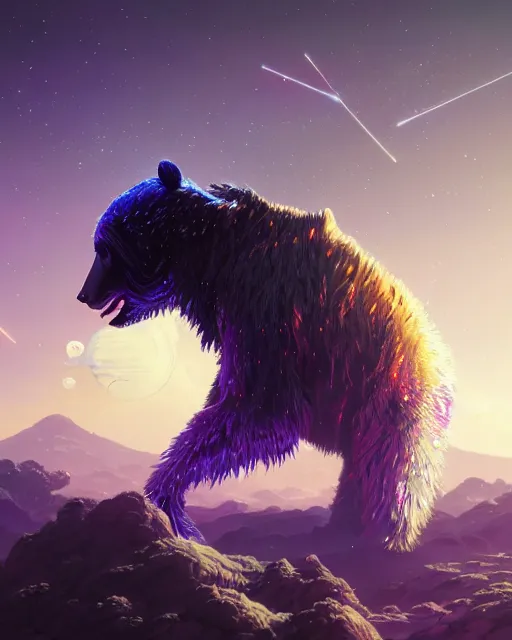 Image similar to highly detailed surreal vfx portrait of a metallic chromatic samurai bear in front of planets filled sky, stephen bliss, unreal engine, greg rutkowski, loish, rhads, beeple, makoto shinkai and lois van baarle, ilya kuvshinov, rossdraws, tom bagshaw, alphonse mucha, global illumination, detailed and intricate environment