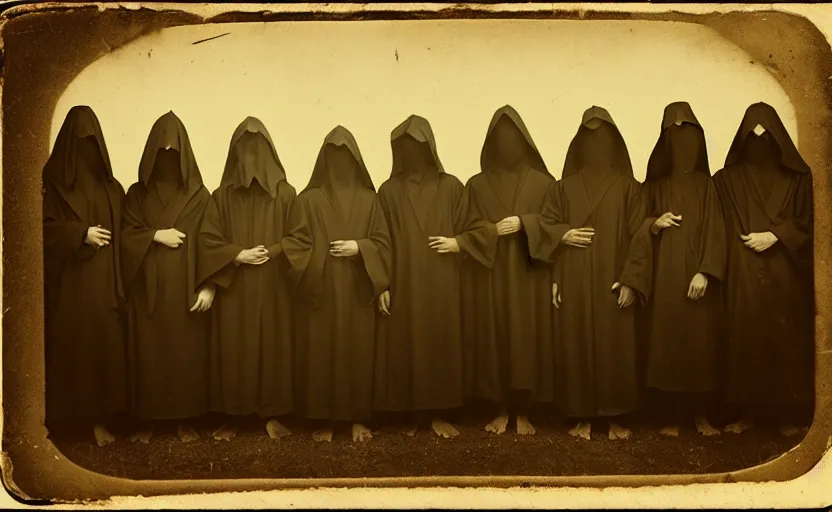 Prompt: a old daguerreotype photo of a group of cultists, wearing robes, with demonic goat face, wearing hoods, on a pilgrimage to hell, grainy, old photo, golden ratio, scary, horror photography, 5 0 mm lens, f 1. 8