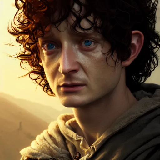 Image similar to selfie of frodo, fine detailed face, long curly hair, stunning 3 d render inspired art by greg rutkowski and xiang duan and thomas eakes, realistic, highly detailed attributes and atmosphere, dim volumetric cinematic lighting, 8 k octane detailed render, post - processing, masterpiece