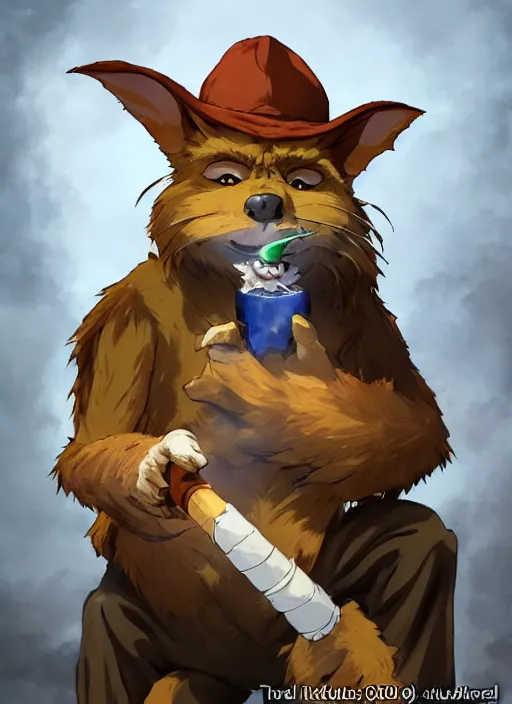 Image similar to studio ghibli pathfinder 2 e illustration of furry goblin smoking a cigar, character portrait, unreal engine, hyper realism, realistic shading, cinematic composition, realistic render, octane render, detailed textures, photorealistic, wide shot