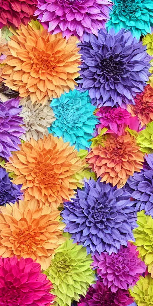 Prompt: chains of Dahlia flowers, various gradient colors, paper crumpled texture