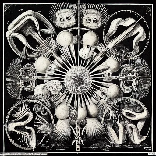 Image similar to surreal bestiary of repressed unconscious emotional monsters and creatures, illustrated by Ernst Haeckel and Robert Fludd