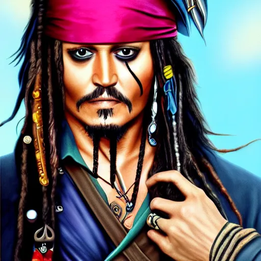 Image similar to portrait of johnny depp as captain jack sparrow, highly detailed, centered, solid color background, digital painting