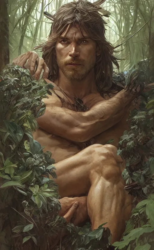 Prompt: god of the forest, 30 years old, rugged, male, gorgeous gorgeous gorgeous, detailed face face face face, amazing, thighs thighs thighs thighs, muscular, intricate, highly detailed, digital painting, artstation, concept art, sharp focus, illustration, art by greg rutkowski and alphonse mucha