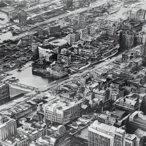 Image similar to a 1940s photograph of a city underwater