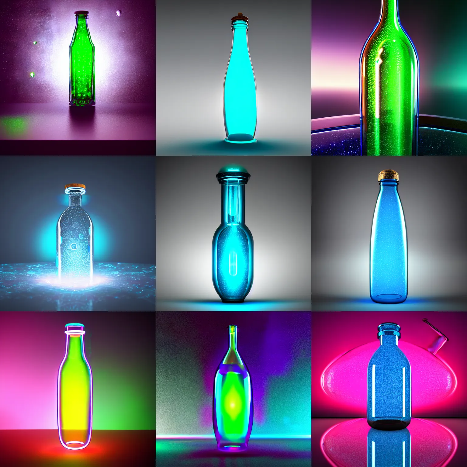 Prompt: A universe inside the humongous bottle with futuristic neon glass, hyper realistic extreme shine details, translucent glass shine, extreme ornate intricate bottle and cork detail, condensation droplet render, Octane render, full frame