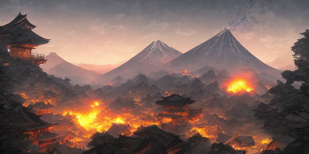 Prompt: a powerful japanese village high in mountains, fanart artstation global illumination rtx hdr fanart arstation 3 d, volcano, mystical power steam, highly detailed, concept art by greg rutkowski and laurie greasley, fantastic landscape, 8 k, cinematic color grading