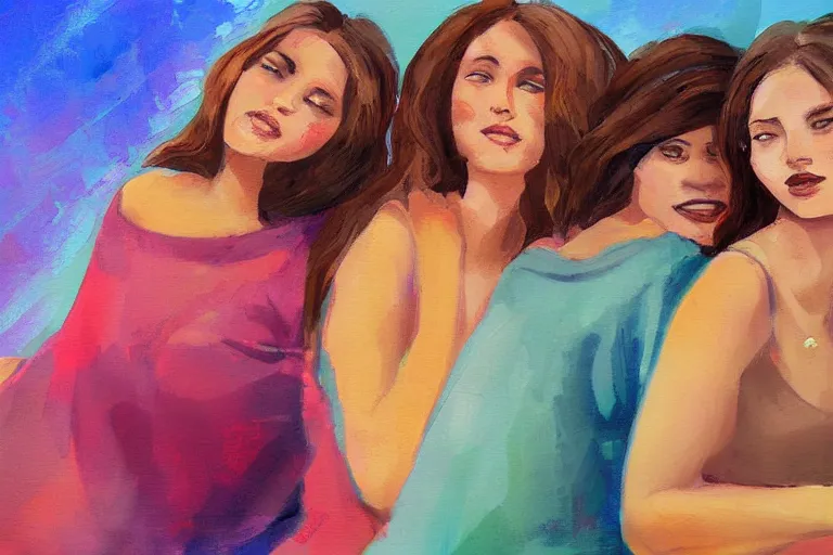 Prompt: beautiful painting of friends, beautiful faces, sitting on the edge, cute, soft light, digital painting