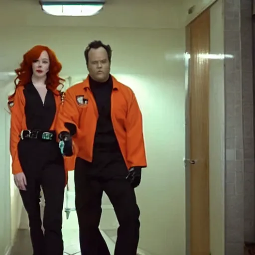 Image similar to vince vaughn as jack fenton, he is wearing an orange coveralls bodysuit with a black neck and a black belt, and christina hendricks as maddie fenton, she is wearing a tight teal coveralls bodysuit with a black neck and black belt, movie photo, spooky netflix still shot, they are looking for ghosts