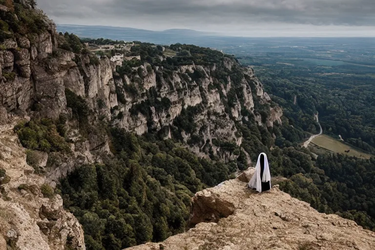 Image similar to a unique digital photo of jesus and mary magdalene standing on a cliff looking over a beautiful landscape in france, rennes - le - chateau, award winning photo, very detailed, very realistic cinematic