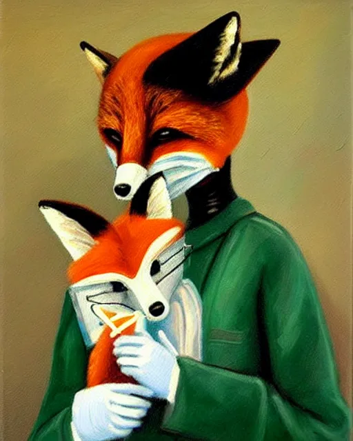 Image similar to oil painting portrait of anthropomorphic female fox animal dressed in doctor's coat, surgical mask covering mouth, holding syringe, fox animal, hospital in background, oil painting,