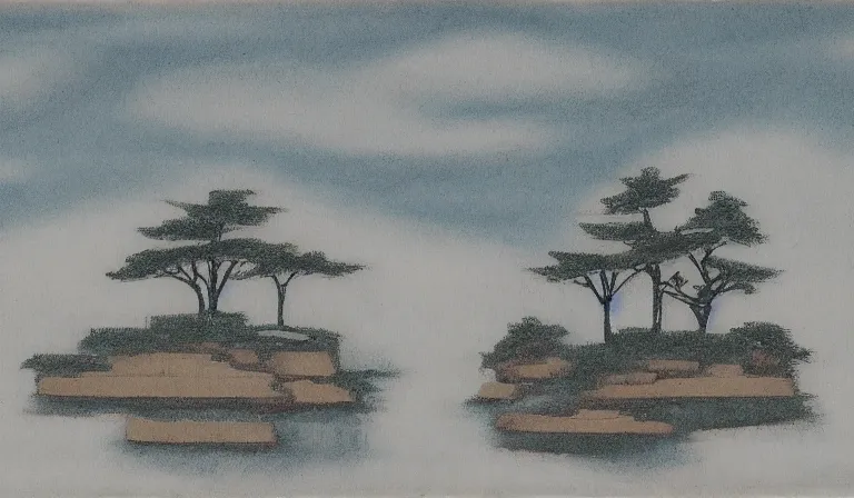 Prompt: A serene landscape with a singular building in the style of WU Hsiu-Ming.