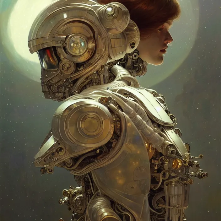 Prompt: organic cyborg Russian cosmonaut, diffuse lighting, fantasy, intricate, elegant, highly detailed, lifelike, photorealistic, digital painting, artstation, illustration, concept art, smooth, sharp focus, art by John Collier and Albert Aublet and Krenz Cushart and Artem Demura and Alphonse Mucha