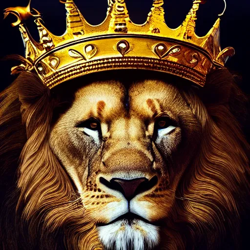 Image similar to mighty lion roaring with king crown on head. Digital art, cinematic, dramatic, high detail, photographic, sharp focus, illustration, HD, 8k