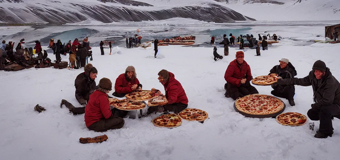 Prompt: people eating a pizza by the seed vault in Svalbard, 80s style, smiling maniacally, 8k, james gurney, greg rutkowski, john howe, artstation