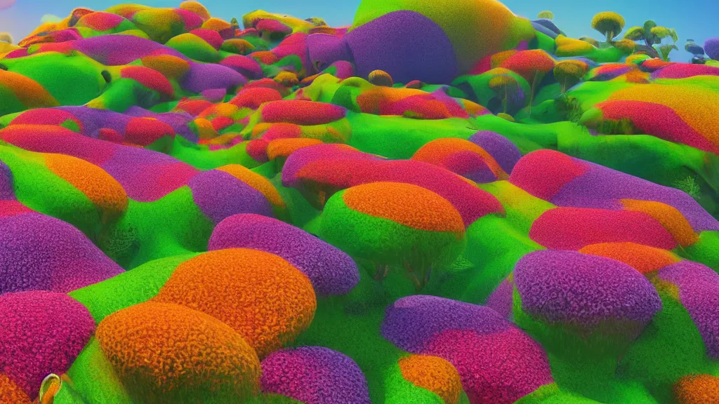 Prompt: digital illustration of a field of multi - colored megaflora frangipani flowers by dr. seuss, reimagined by ilm and beeple : 1 | spectral color, electric color, rolling hills : 0. 9 | fantasy : 0. 9 | unreal engine, deviantart, artstation, hd, 8 k resolution : 0. 8